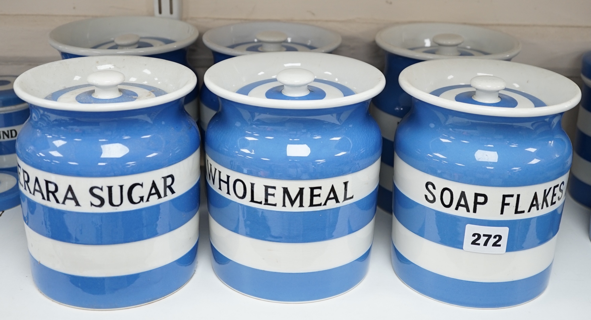 T.G.Green Cornish Kitchenware, six 16cm lidded storage jars comprising Soap Flakes, Wholemeal, Demerara Sugar, Salt, Soda and Tapioca, Black Shield marks. Condition - fair to good